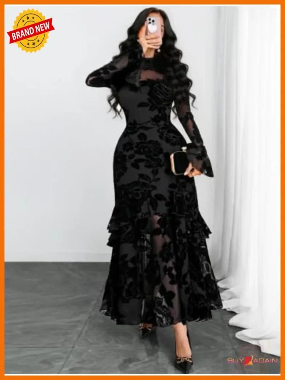 Women Floral Maxi Dress Bell Sleeve Mermaid Hem Wedding Guest Party